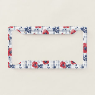 Red Poppies with Blue Leaves on Blue Checkered License Plate Frame