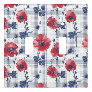 Red Poppies with Blue Leaves on Blue Checkered Light Switch Cover