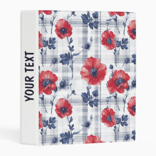 Red Poppies with Blue Leaves on Blue Checkered Mini Binder