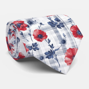 Red Poppies with Blue Leaves on Blue Checkered Neck Tie