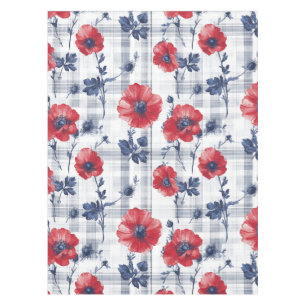 Red Poppies with Blue Leaves on Blue Checkered Tablecloth