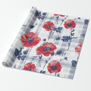Red Poppies with Blue Leaves on Blue Checkered Wrapping Paper