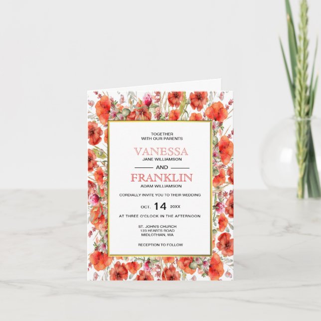 Red Poppies with Gold Frame Wedding Invitation (Front)