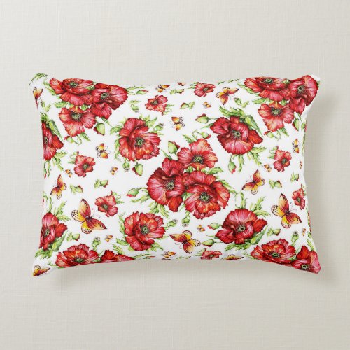 Red Poppies with Green Foliage on White Background Accent Pillow