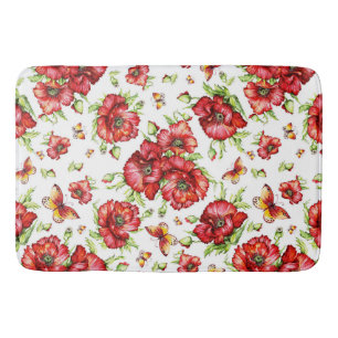 Red Poppies with Green Foliage on White Background Bath Mat