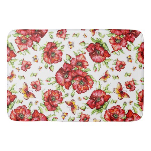 Red Poppies with Green Foliage on White Background Bath Mat