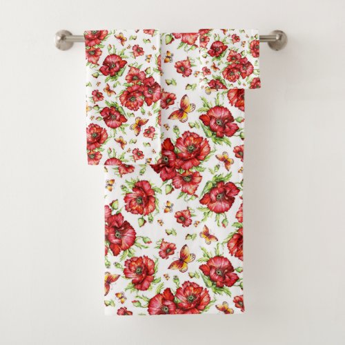 Red Poppies with Green Foliage on White Background Bath Towel Set