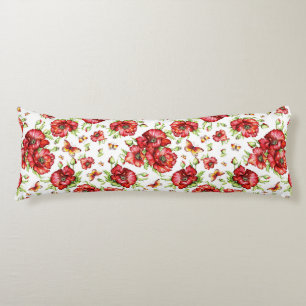 Red Poppies with Green Foliage on White Background Body Pillow