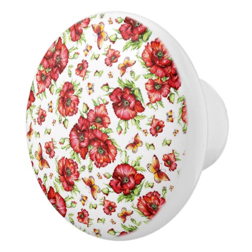 Red Poppies with Green Foliage on White Background Ceramic Knob