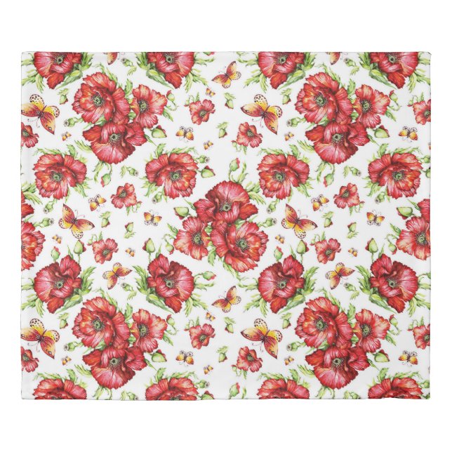 Red Poppies with Green Foliage on White Background Duvet Cover (Front)