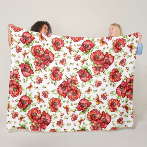 Red Poppies with Green Foliage on White Background Fleece Blanket