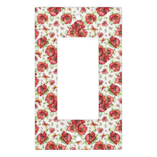 Red Poppies with Green Foliage on White Background Light Switch Cover