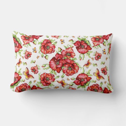 Red Poppies with Green Foliage on White Background Lumbar Pillow