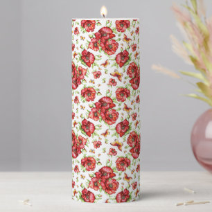Red Poppies with Green Foliage on White Background Pillar Candle