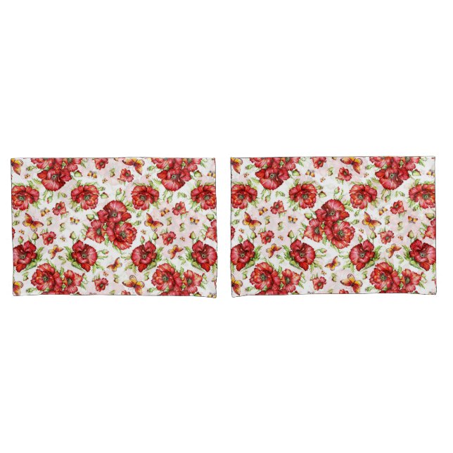 Red Poppies with Green Foliage on White Background Pillow Case (Front-Set)