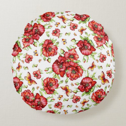 Red Poppies with Green Foliage on White Background Round Pillow