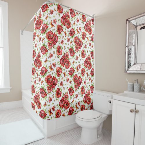 Red Poppies with Green Foliage on White Background Shower Curtain