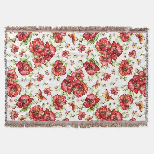 Red Poppies with Green Foliage on White Background Throw Blanket