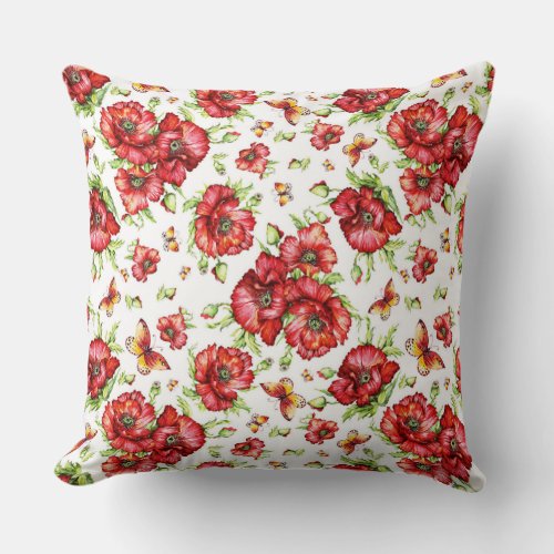 Red Poppies with Green Foliage on White Background Throw Pillow