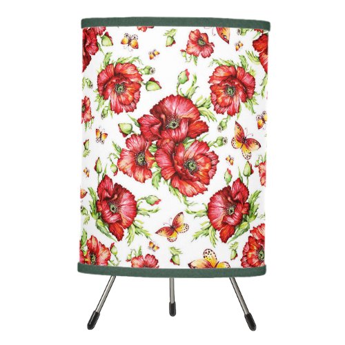 Red Poppies with Green Foliage on White Background Tripod Lamp
