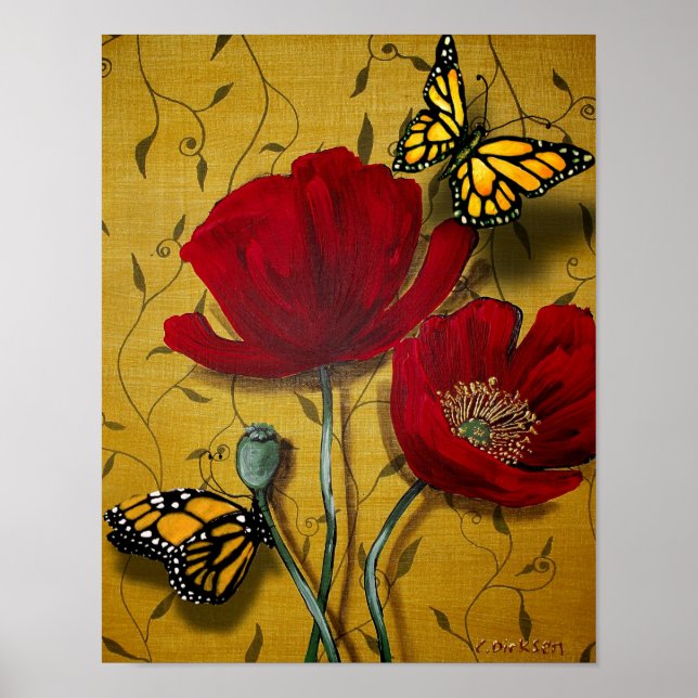 Red Poppies with Yellow Butterflies Poster (Front)