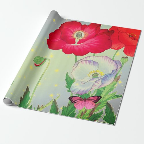 RED POPPIES WITH YELLOW STARS Wrapping Paper