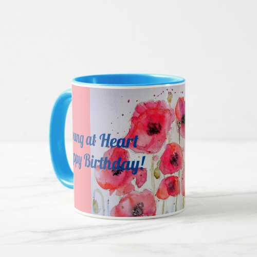 Red Poppies Young at Heart Watercolour Mug blue