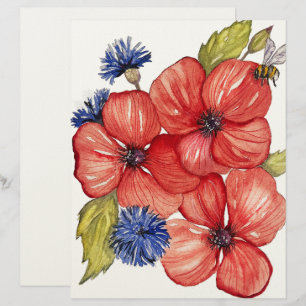 Red Poppy and Blue Cornflower Watercolor Letterhead