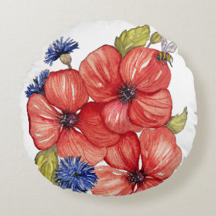 Red Poppy and Blue Cornflower Watercolor Round Pillow