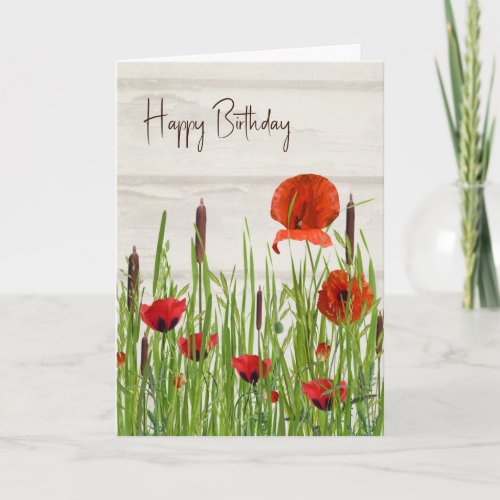 Red Poppy and Cattails Birthday Card