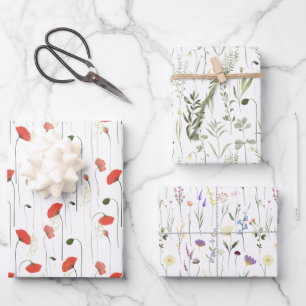 Red Poppy And Green Leaves Purple Flowers Patterns Wrapping Paper Sheets
