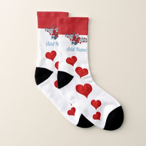 Red Poppy and Hearts Personalized Christmas Floral Socks