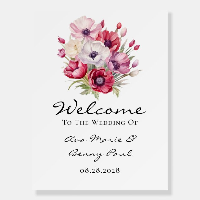 Red Poppy and Pink Tulips Wedding Welcome Sign (Front)