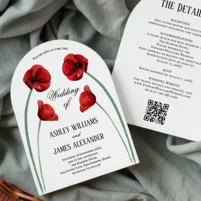 Red Poppy Arched Flowers All in One Wedding Invitation (Creator Uploaded)
