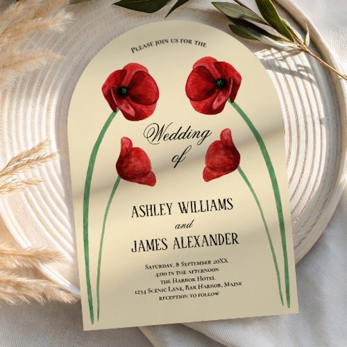 Red Poppy Arched Flowers All in One Wedding Invitation