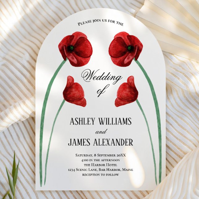 Red Poppy Arched Flowers Modern Wedding Invitation (Creator Uploaded)