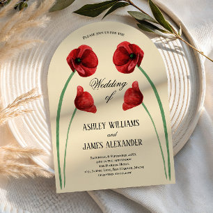 Red Poppy Arched Flowers Modern Wedding Invitation