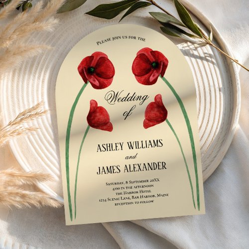 Red Poppy Arched Flowers Modern Wedding Invitation