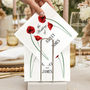 Red Poppy Arched Flowers Modern Wedding Napkins