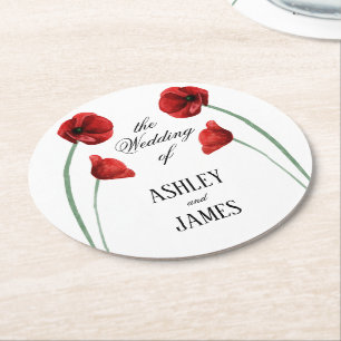 Red Poppy Arched Flowers Modern Wedding Round Paper Coaster
