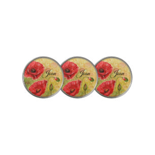 Red Poppy Art Name Golf Ball Marker