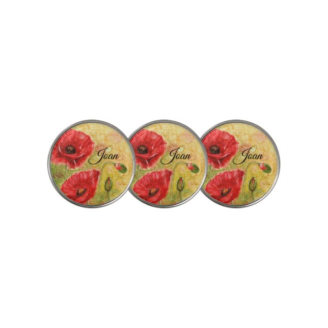 Red Poppy Art Name Golf Ball Marker (3 Up)