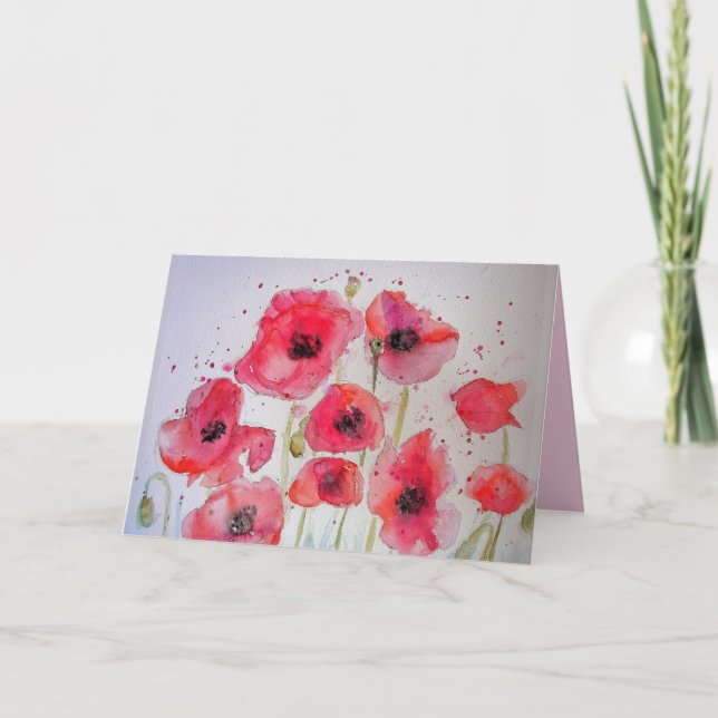 Red Poppy Art Watercolor Painting floral Card (Front)