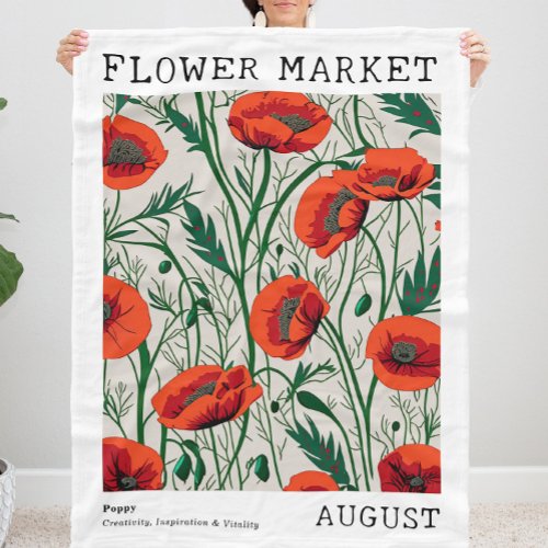 Red Poppy August Birth Flower Market Green Floral Fleece Blanket