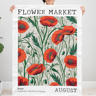Red Poppy August Birth Flower Market Green Floral Fleece Blanket