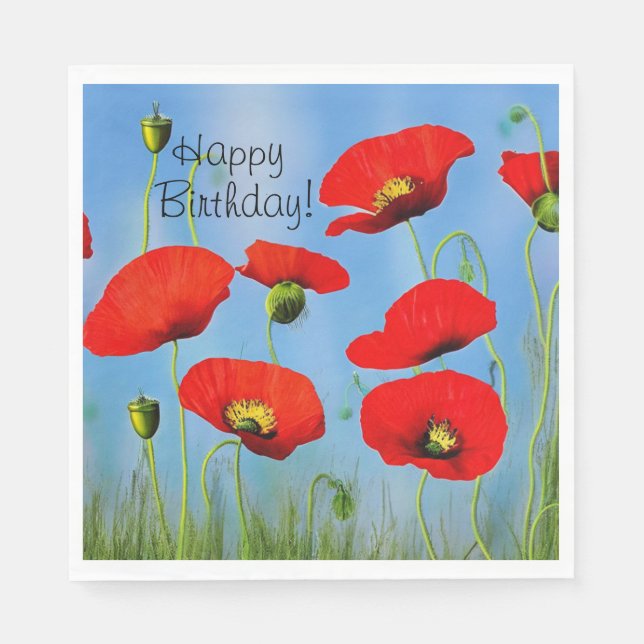 Red Poppy Birthday  Napkins (Front)