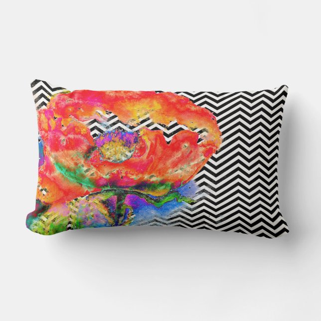 Red Poppy - black and white chevron Lumbar Pillow (Front)