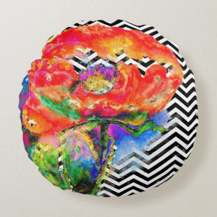 Red Poppy black and white chevron Round Pillow