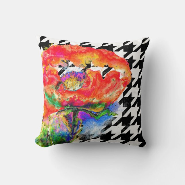 Red Poppy -   black and white hounds-tooth detail Throw Pillow (Front)