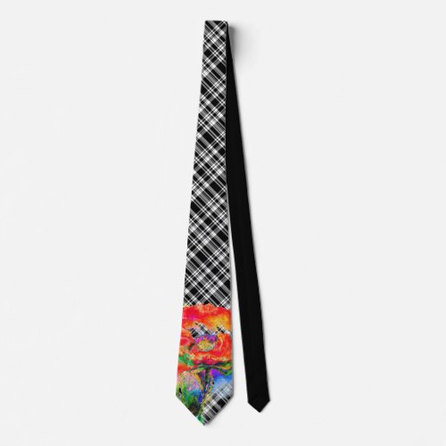 Red poppy black and white plaid neck tie